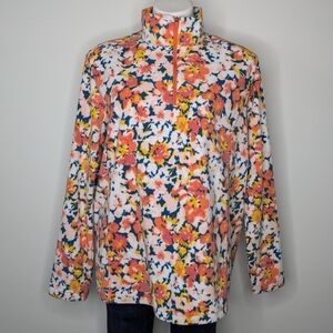 Lands' End blue pink orange yellow floral 1/3 zip fleece pullover L